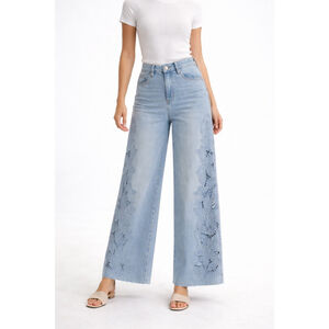 Bayeas Embroidered Wide Leg Jeans Floral Lace Cutout Denim Size 26 NWT